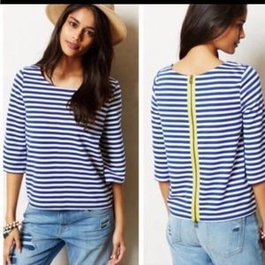 Anthropologie Postmark Size L Top Genoa Striped Zip Back Knit 3/4 Sleeves Blue